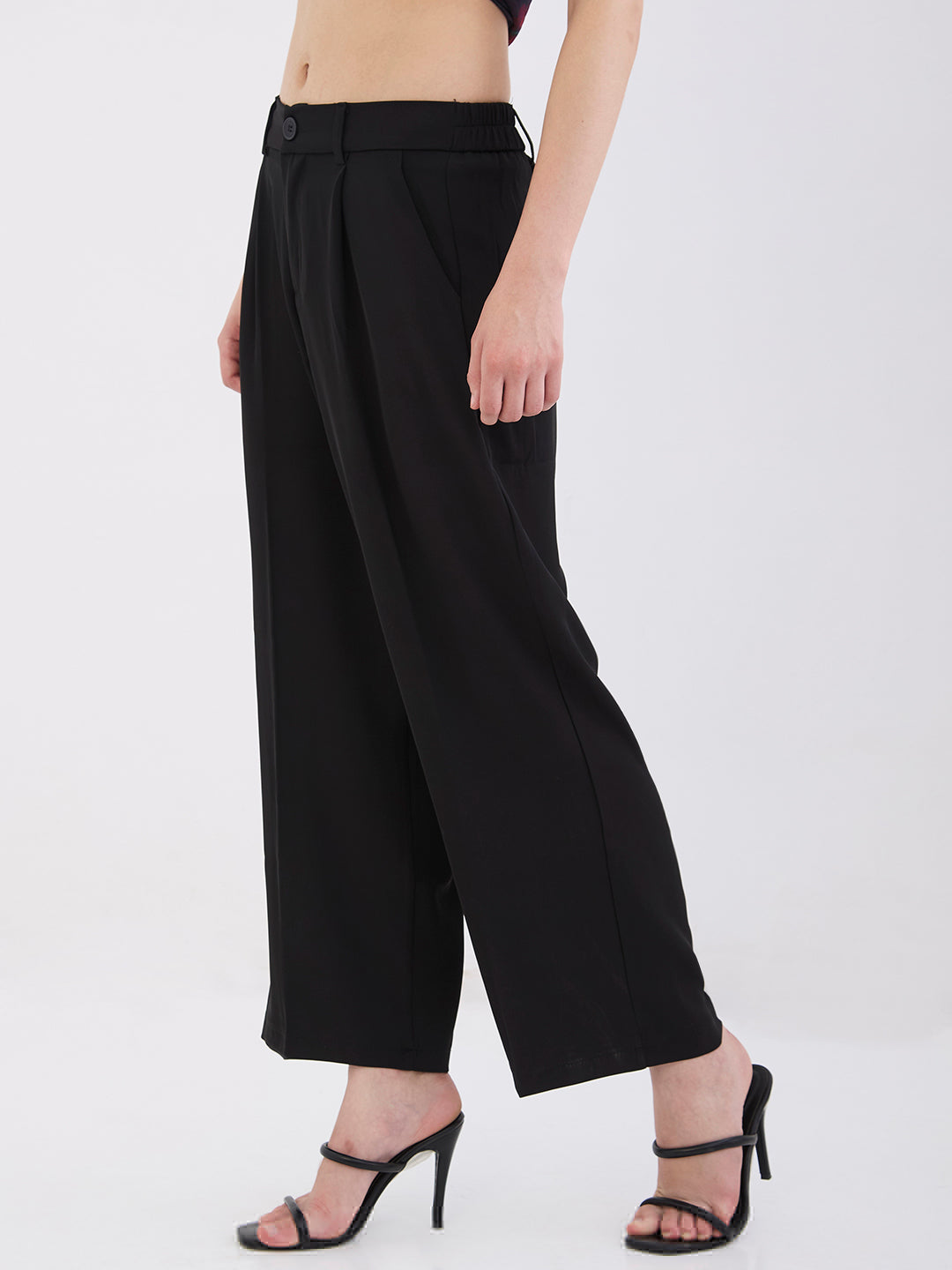 Spykar Black High Rise Wide Leg Casual Trousers For Women