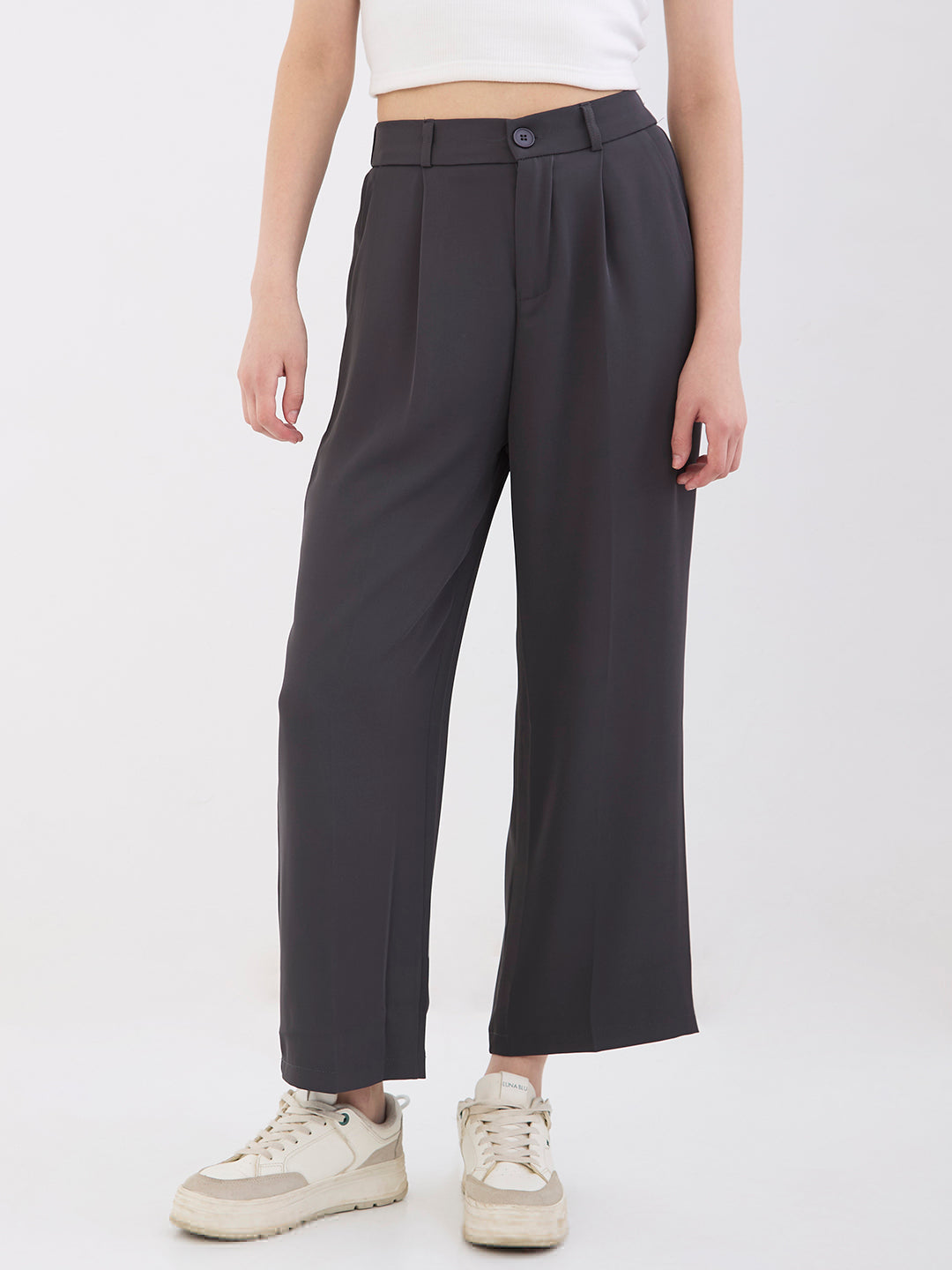 Spykar Dark Grey High Rise Wide Leg Casual Trousers For Women
