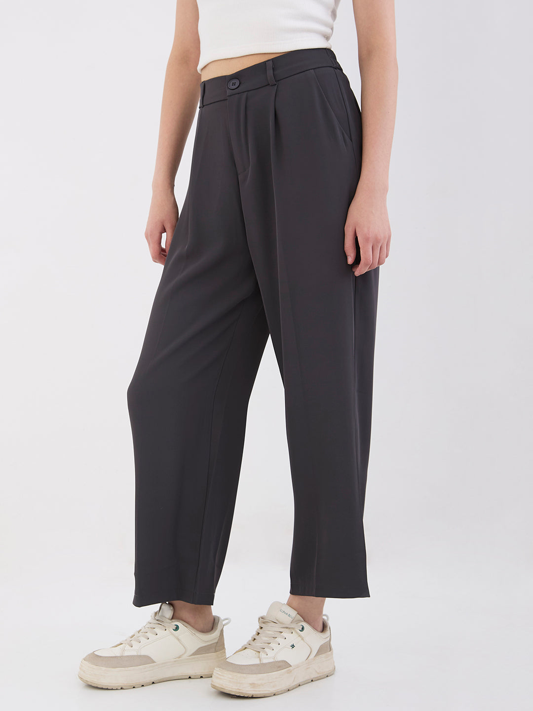 Spykar Dark Grey High Rise Wide Leg Casual Trousers For Women