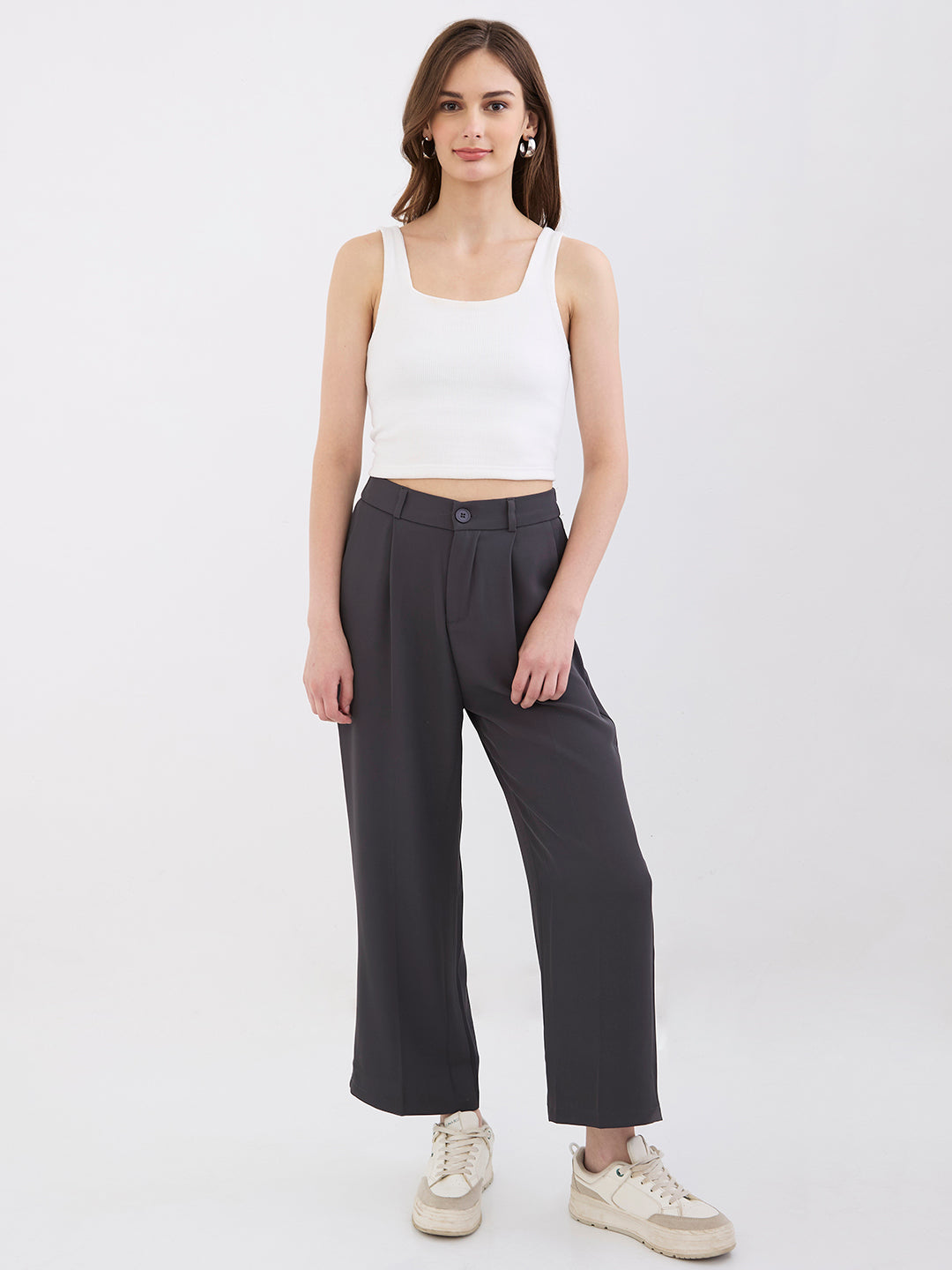 Spykar Dark Grey High Rise Wide Leg Casual Trousers For Women