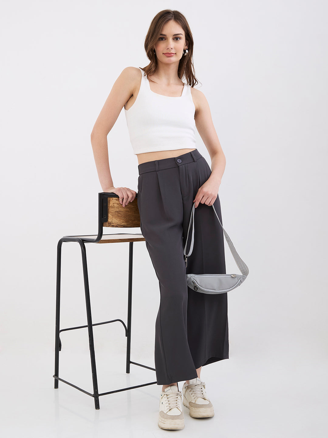 Spykar Dark Grey High Rise Wide Leg Casual Trousers For Women