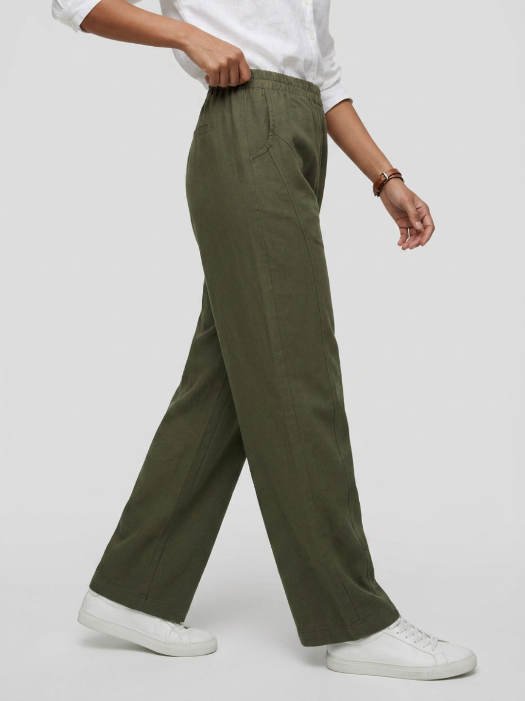 Women Trouser Straight Fit Green High Rise