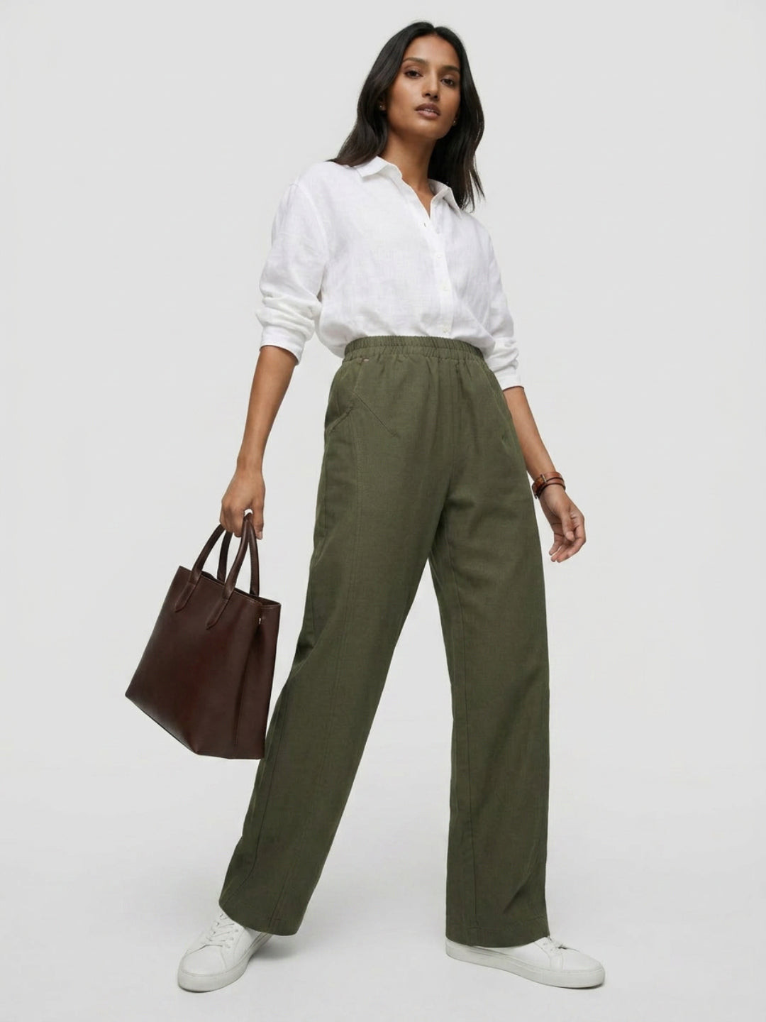 Women Trouser Straight Fit Green High Rise