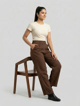 Women Trouser Straight Fit Brown High Rise