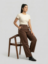 Women Trouser Straight Fit Brown High Rise