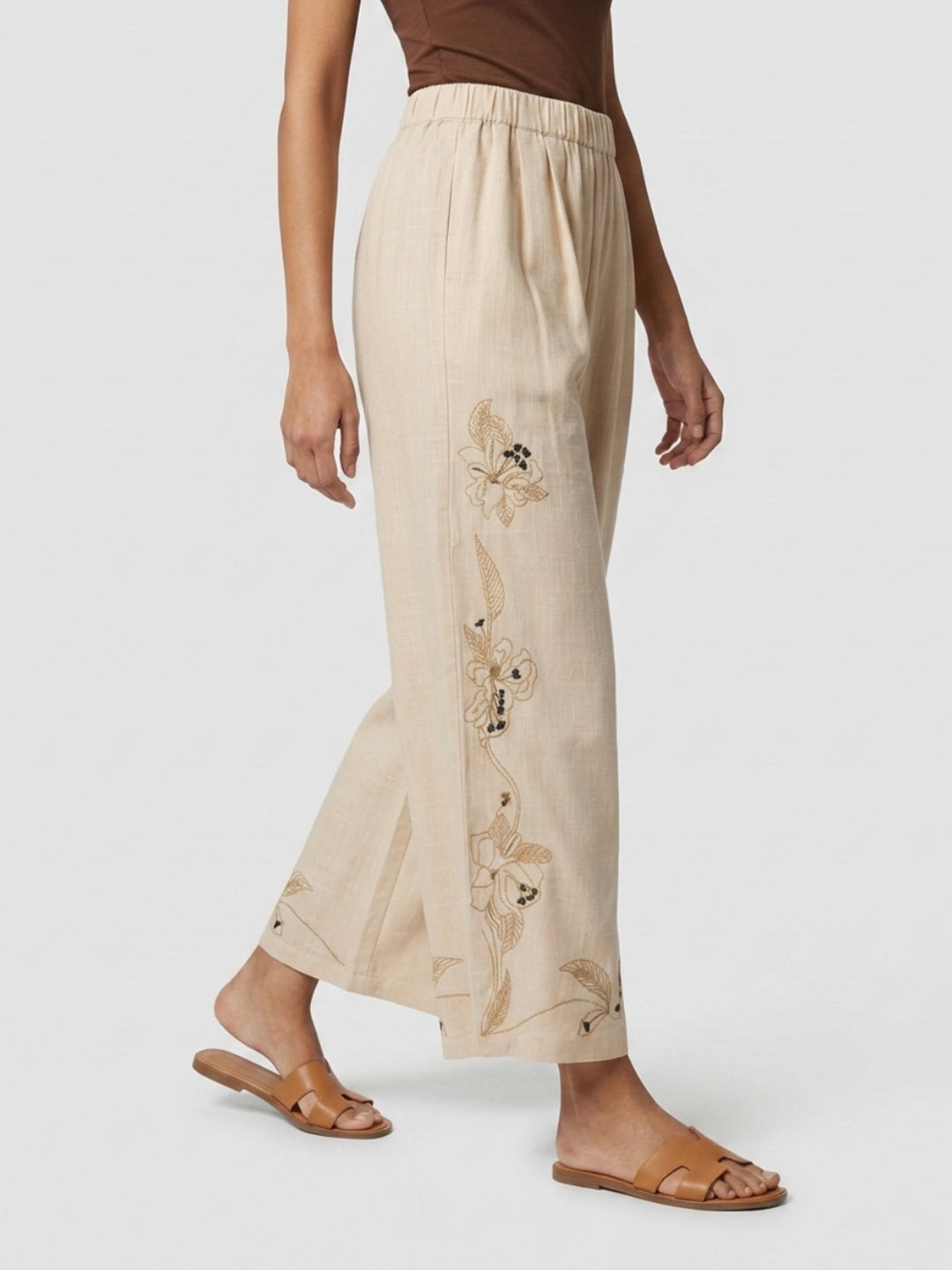 Women Trouser Straight Fit Beige Mid Rise