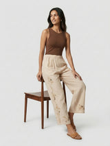 Women Trouser Straight Fit Beige Mid Rise