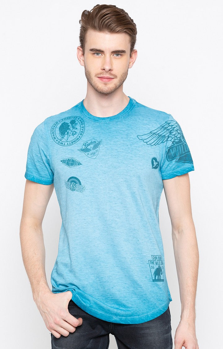 Spykar Blue Printed Slim Fit Men T-Shirts