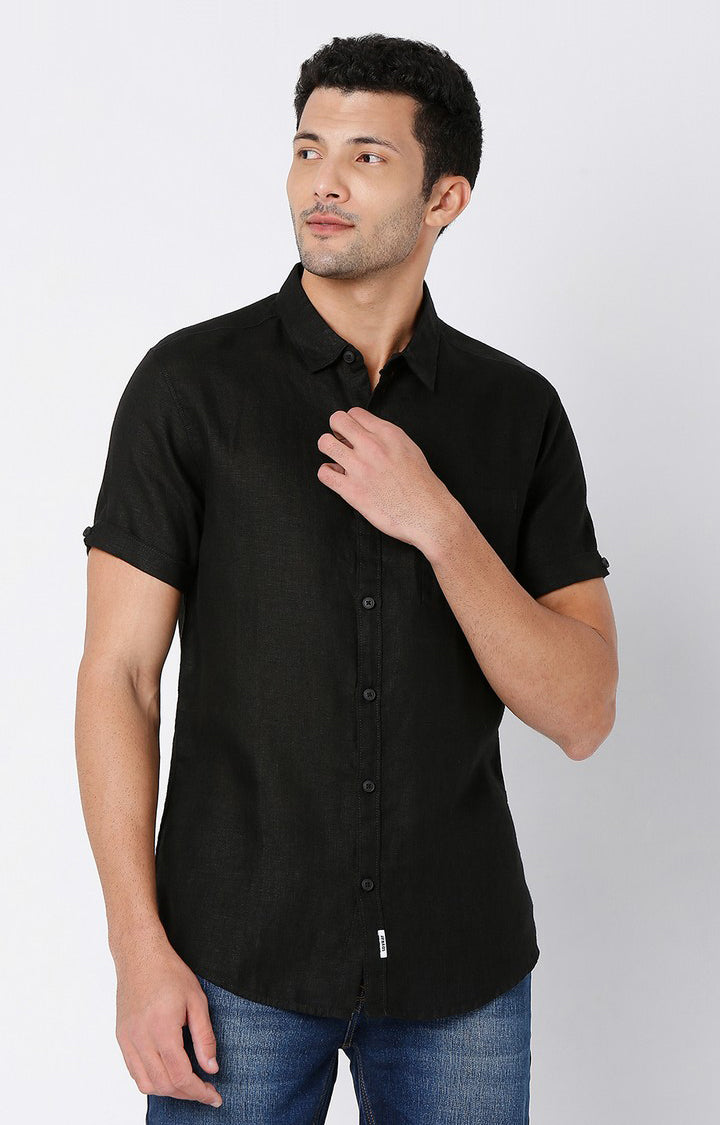 Spykar Men Jet Black Cotton Full Sleeve Plain Shirt