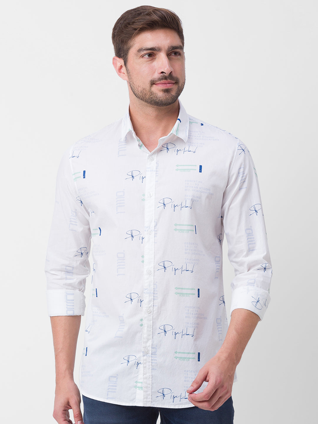 Spykar White Cotton Full Sleeve Printed Shirt For Men