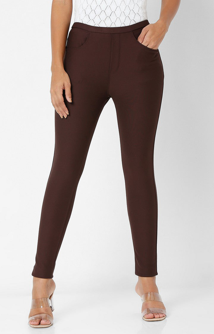 Spykar Women Brown Cotton Skinny Fit Mid Rise Jeggings