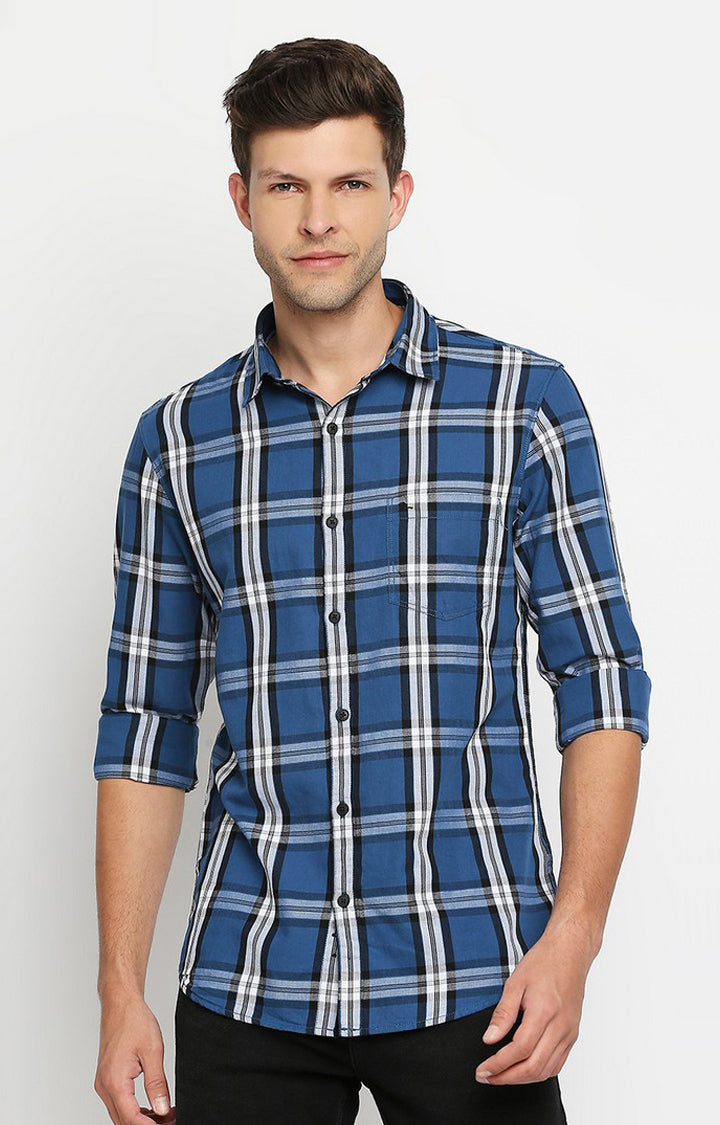 Spykar Men Blue Slim Fit Full Sleeve Checkered Shirt