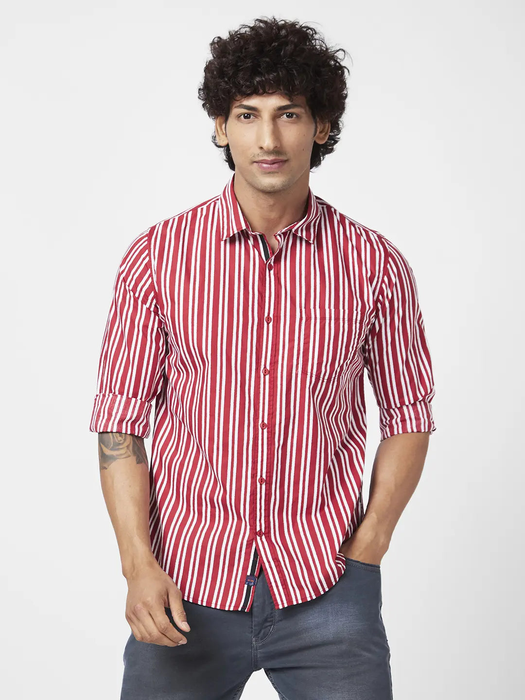 Spykar Men Brick Red Poplin Regular Slim Fit Full Sleeve Casual Striped Shirt