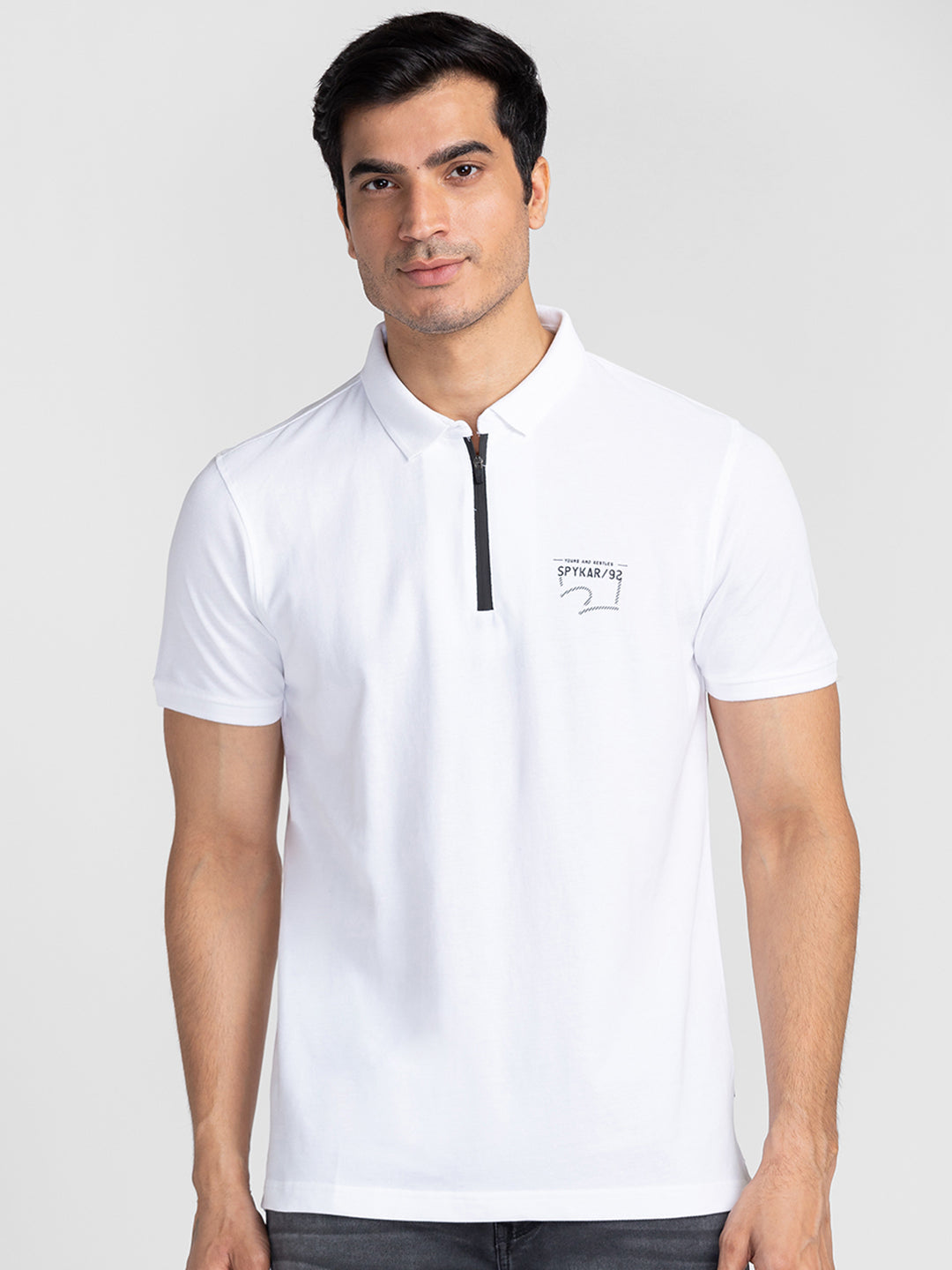 Spykar Men White Cotton Slim Fit Polo Printed T-Shirt