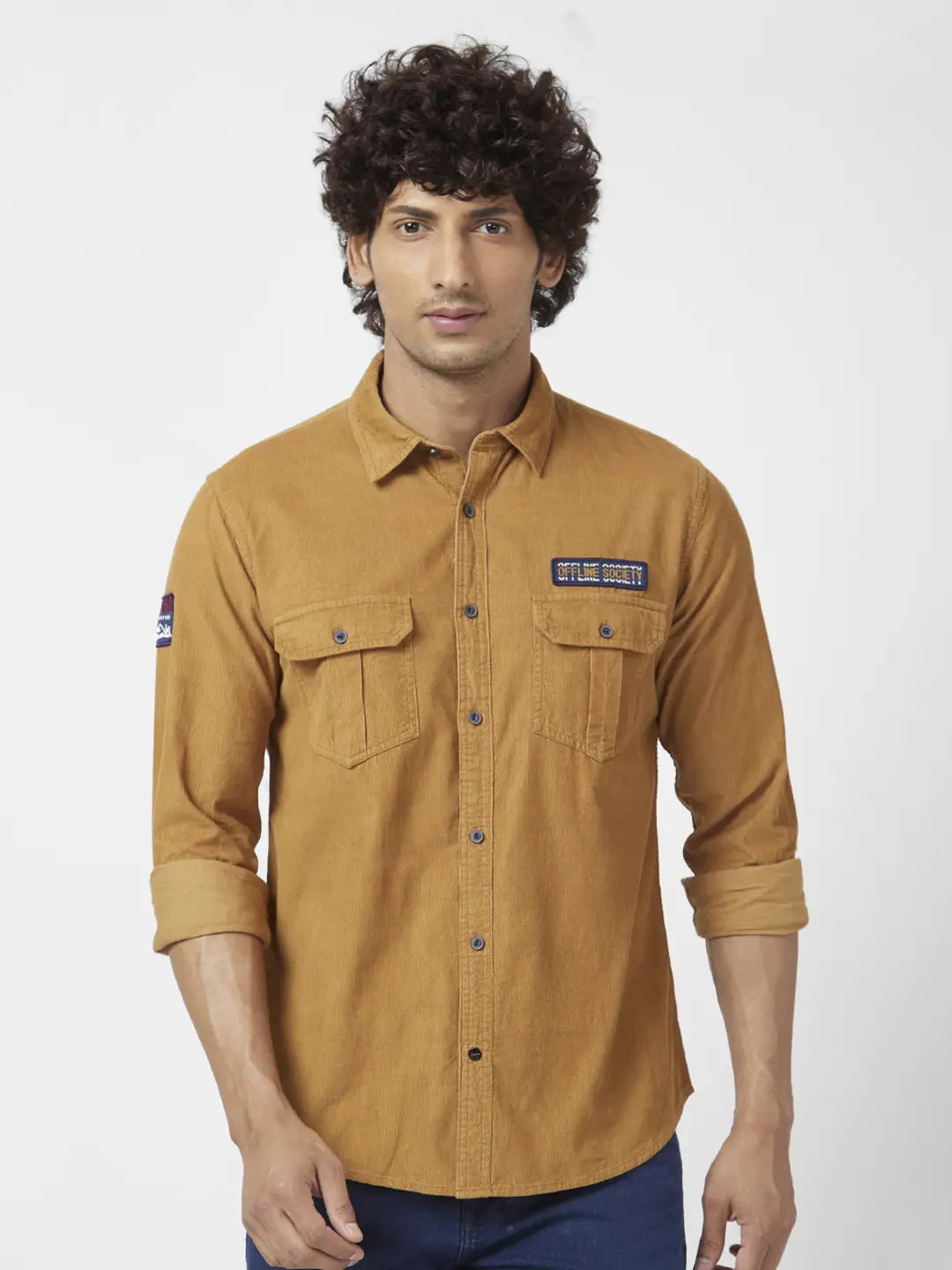 Spykar Men Camel Khaki Dyed Regular Slim Fit Full Sleeve Denim Shirt