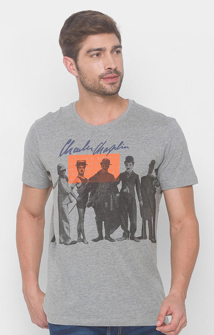 Charlie Chaplin Spykar Men Grey Melange Cotton Slim Fit Round Neck Printed T-Shirt