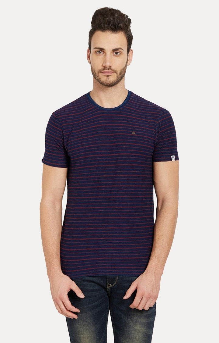 Spykar Blue and Red Striped Slim Fit Men T-Shirts