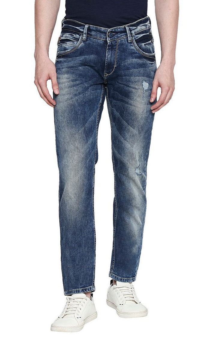 Spykar Blue Cotton Slim Fit Tapered Ankle Length Jeans For Men