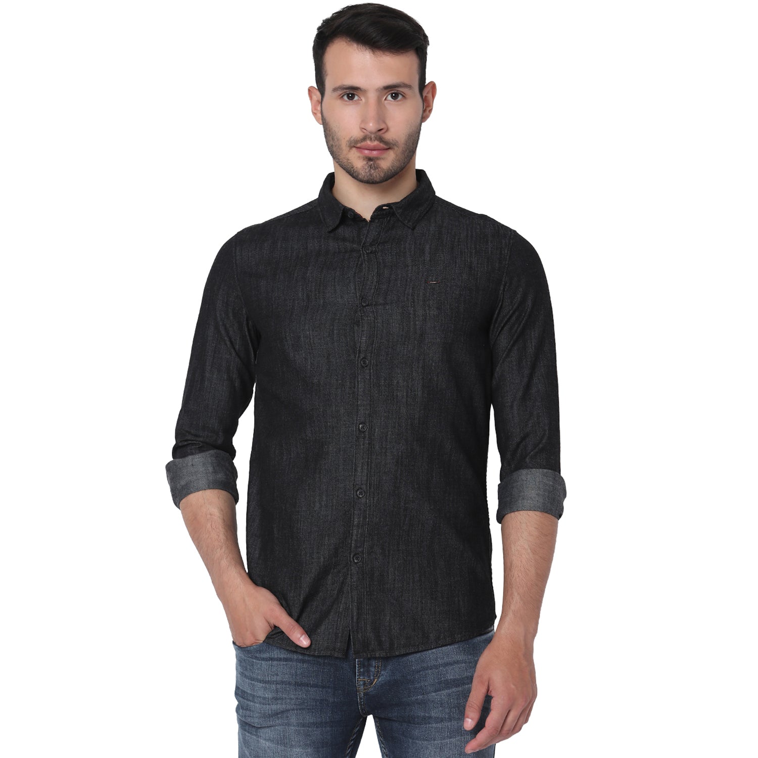 Spykar Men Black Cotton Slim Fit Full Sleeve Plain Shirt