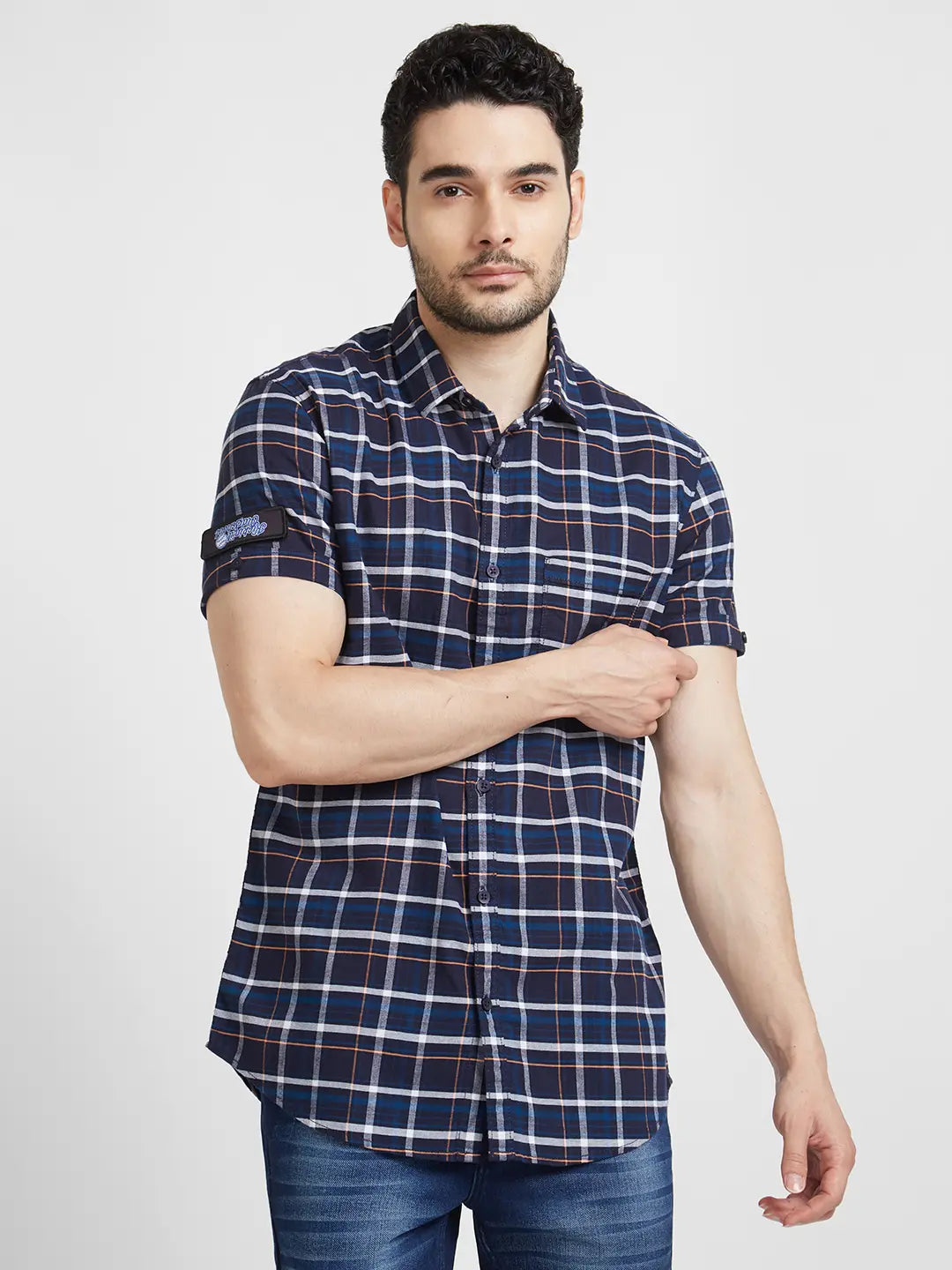 Spykar Men Navy Blue Cotton Regular Slim Fit Half Sleeve Checkered Shirt