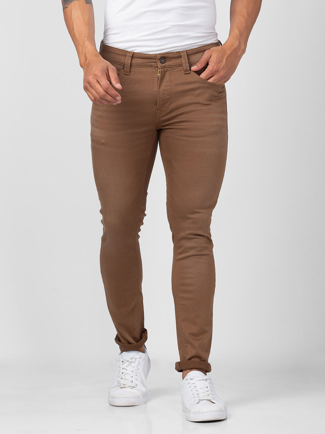 Spykar Men Coffee Brown Cotton Super Slim Fit Tapered Length Jeans (Super Skinny)