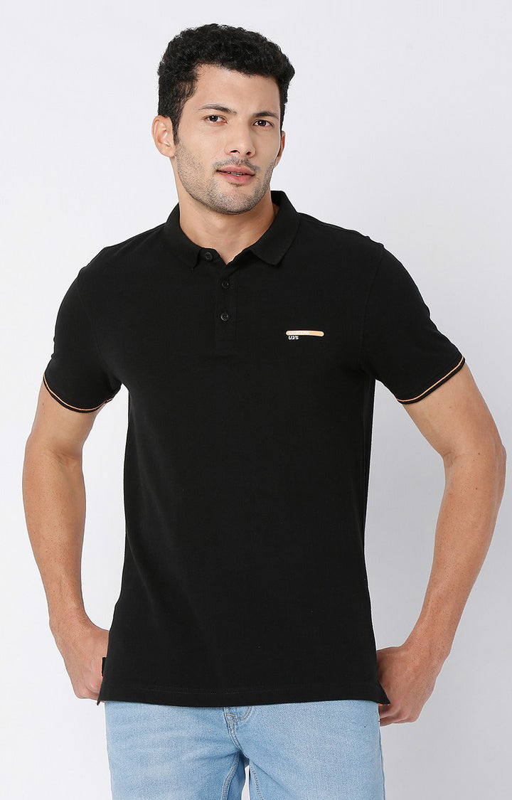 Men Premium Black Cotton Regular Fit Polo Tshirt - Underjeans By Spykar