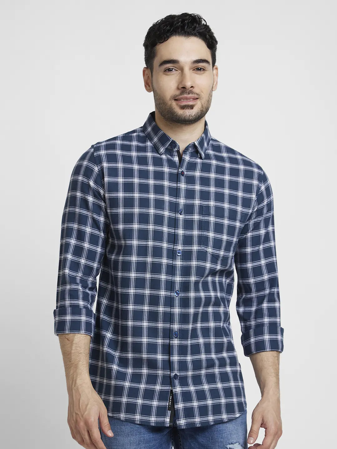 Spykar Men Teal Blue Cotton Regular Slim Fit Full Sleeve Checkered Shirt