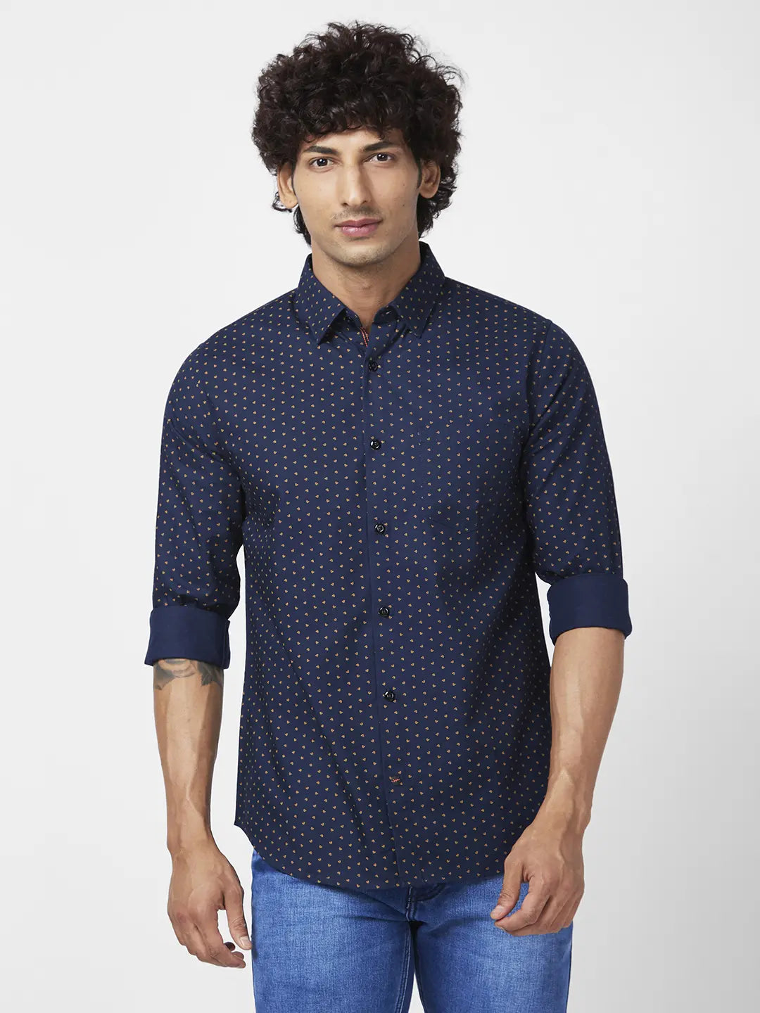 Spykar Men Midnight Blue Cotton Regular Slim Fit Full Sleeve Causal Printed Shirt