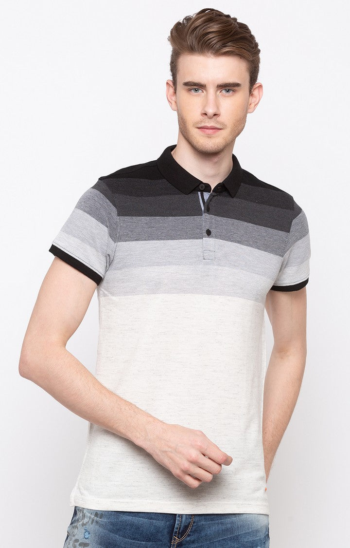 Spykar Black & White Striped Slim Fit Polo T-Shirt