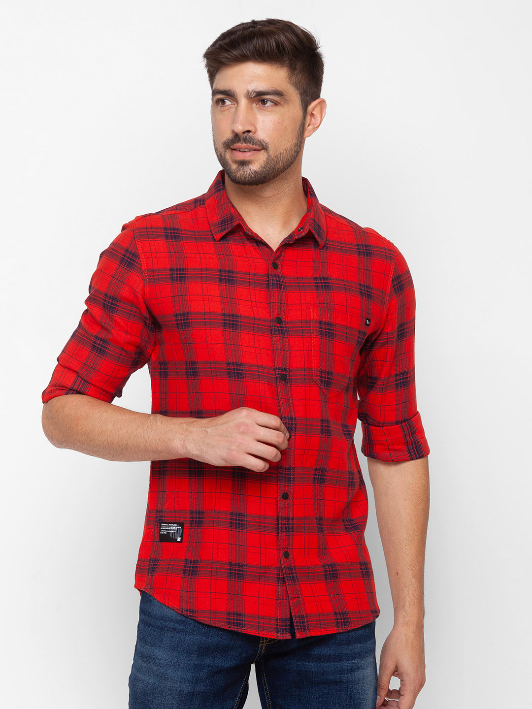 Spykar Red Cotton Full Sleeve Checks Shirt For Men