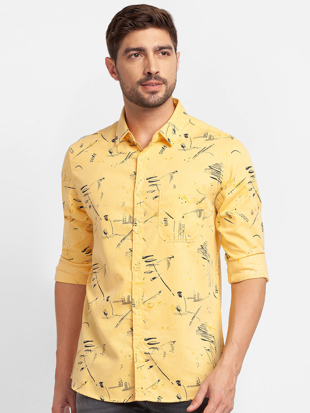 Spykar Chrome Yellow Cotton Full Sleeve Printed Shirt For Men