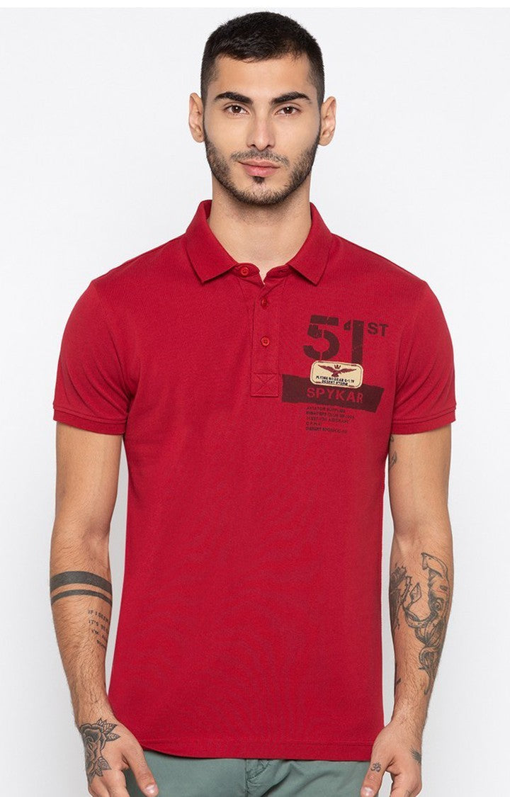 Spykar Red Printed Slim Fit Polo T-Shirt