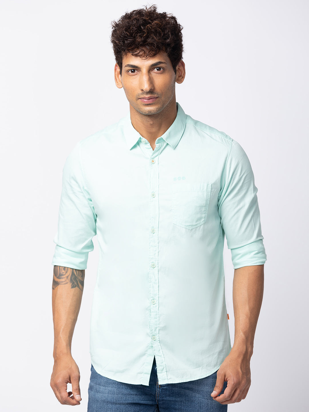 Spykar Men Mint Green Cotton Slim Fit Plain Shirt