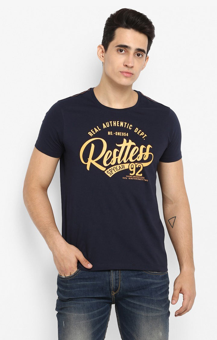 Spykar Navy Blue Printed Cotton Men T-Shirts