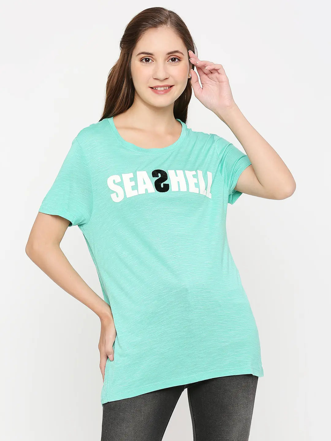 Spykar Women Green Cotton Slim Fit Round Neck Printed Tshirt