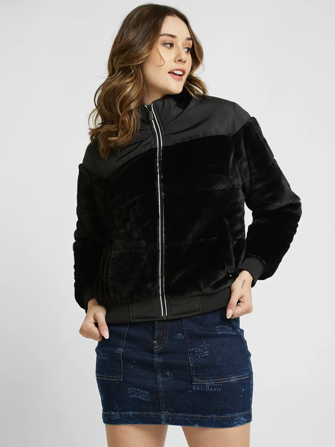 Spykar Women Black Regular Fit High Neck Plain Jacket