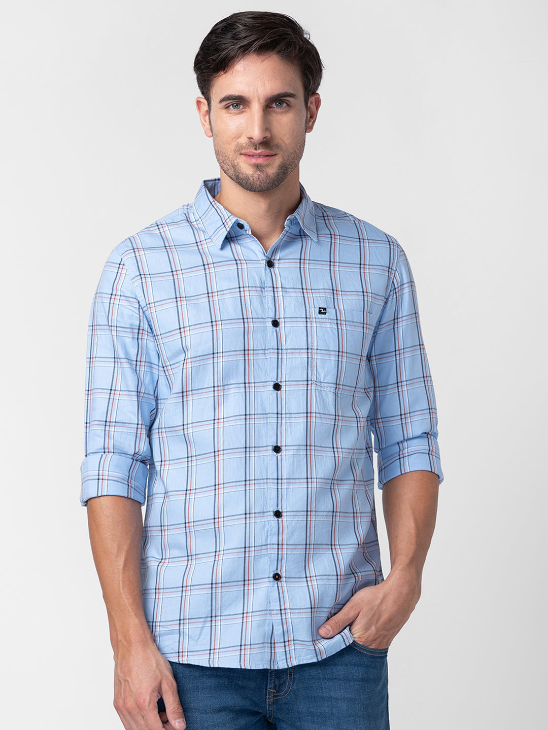 Spykar Men Sky Blue Cotton Regular Fit Checkered Shirts