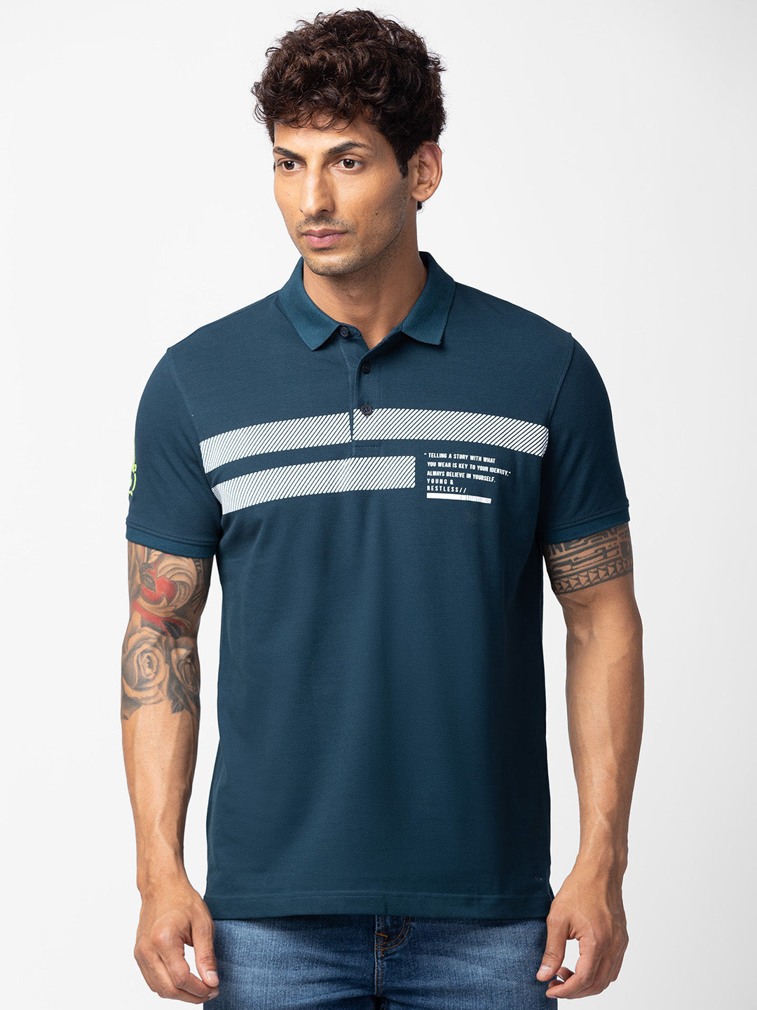 Spykar Men Teal Blue Cotton Regular Fit Half Sleeve Printed Polo T-Shirt