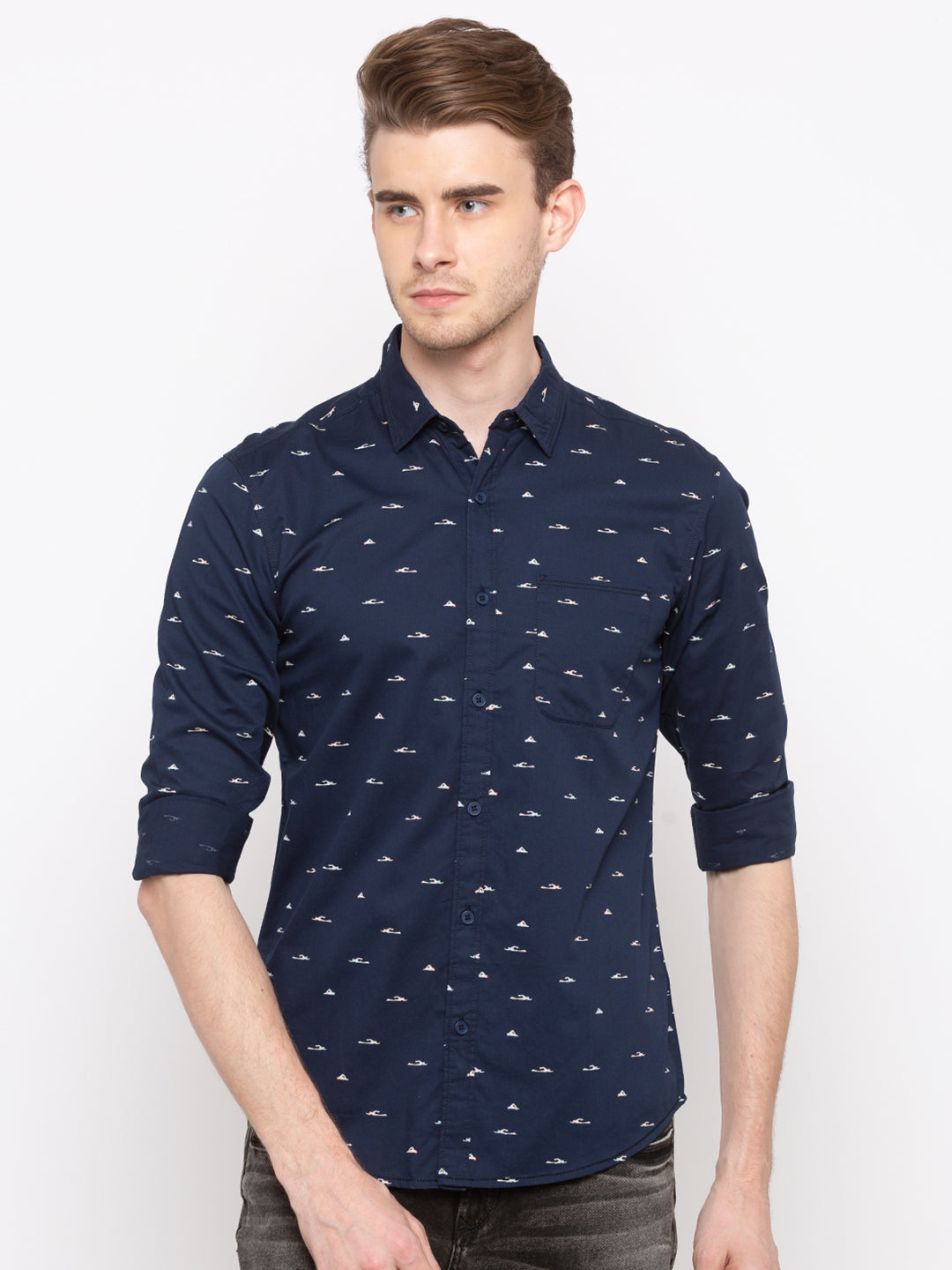 Spykar Blue Cotton Slim Fit Shirts For Men