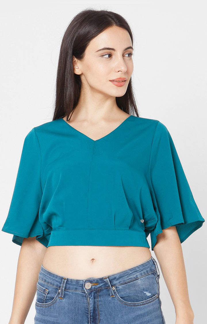 Spykar Slim Fit Teal Blue Cotton Women Top