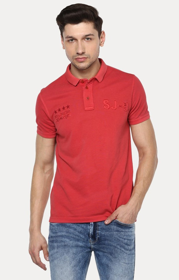 Spykar Red Solid Slim Fit Polo T-Shirt