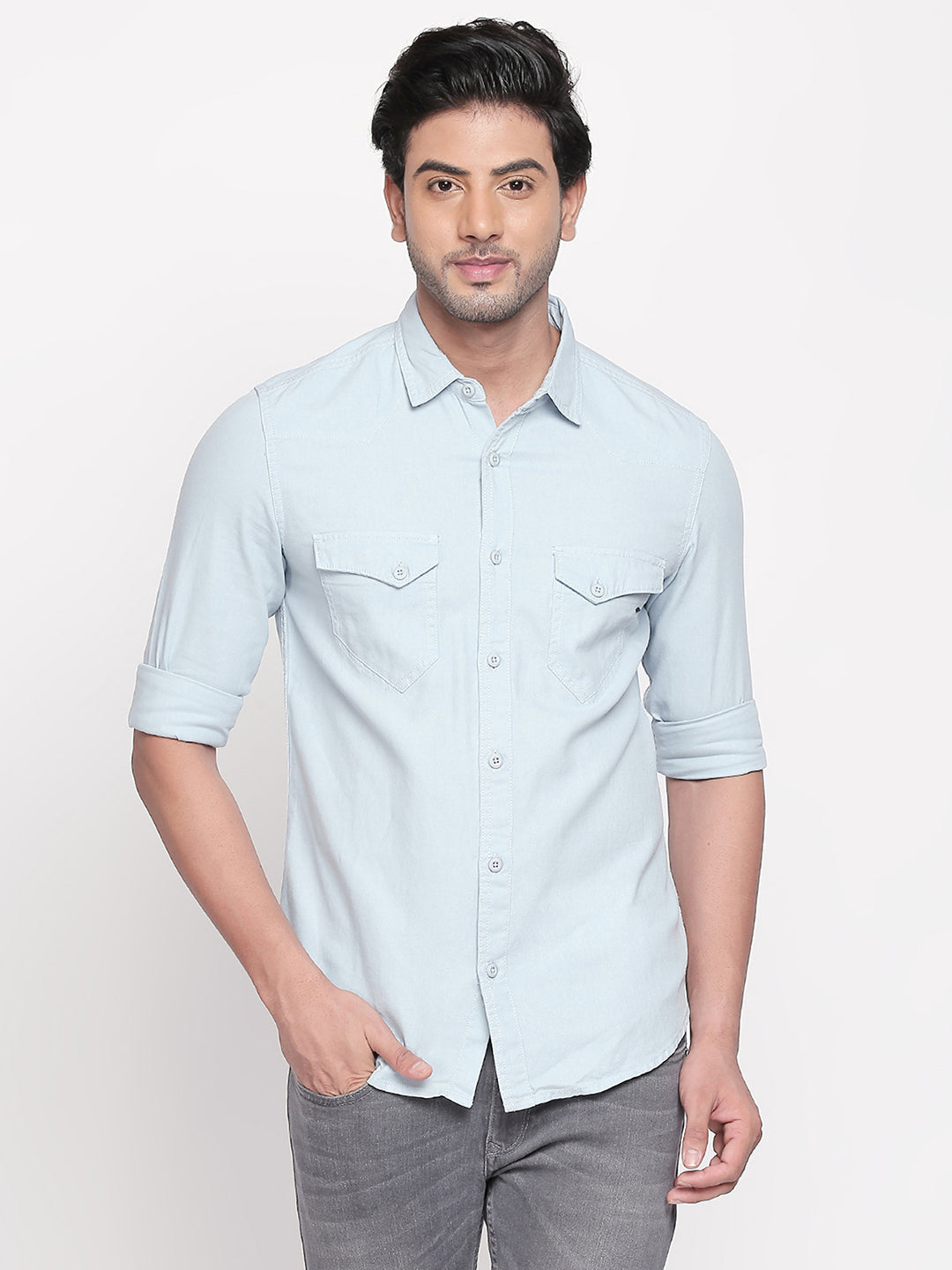 Spykar Men Blue Cotton Slim Fit Casual Shirts