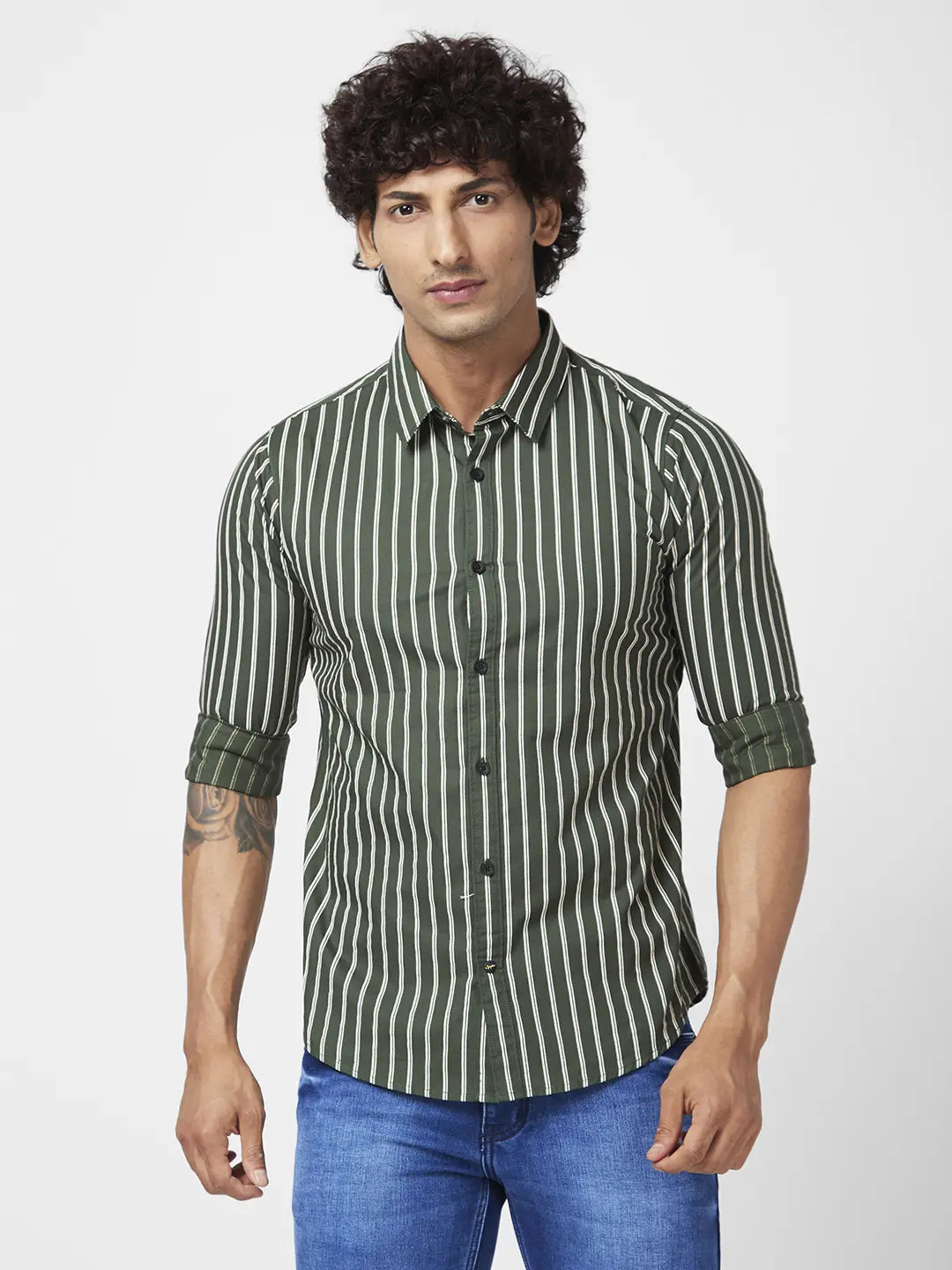 Spykar Men Dark Green Cotton Regular Slim Fit Full Sleeve Casual Striped Shirt