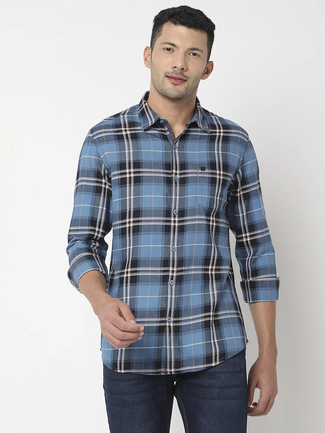 Spykar Men Blue Cotton Slim Fit Checkered Shirt