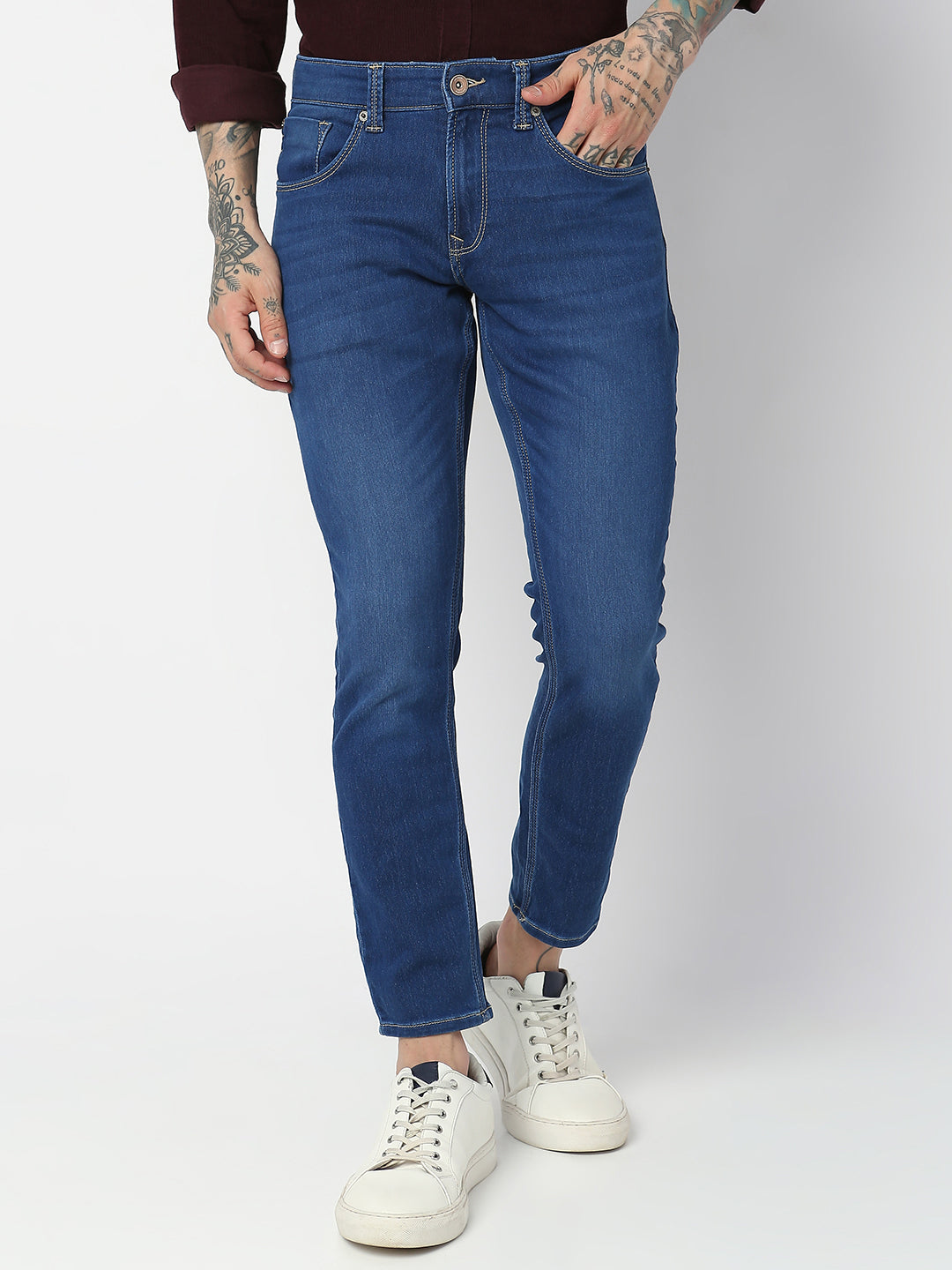 Spykar Men Mid Blue Cotton Slim Fit Tapered Length Jeans (Kano)