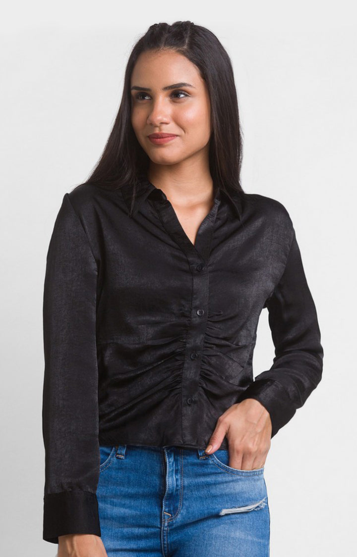 Spykar Black Poly Satin Full Sleeve Plain Shirts For Women