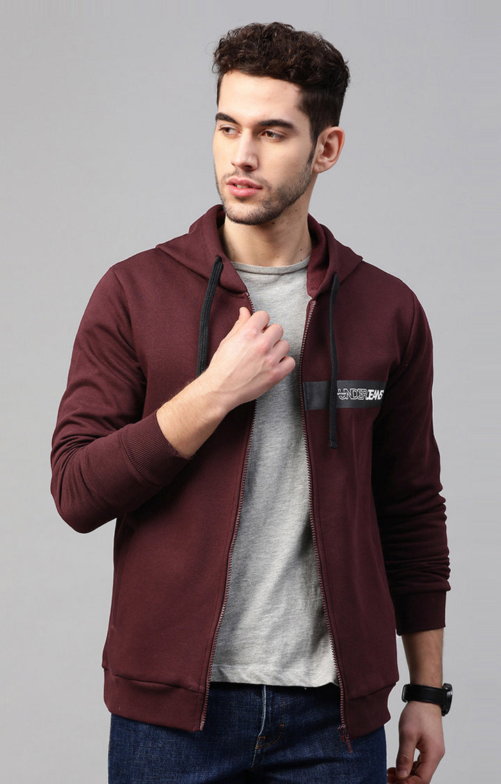 Underjeans By Spykar Maroon Solid Hoodies For Men