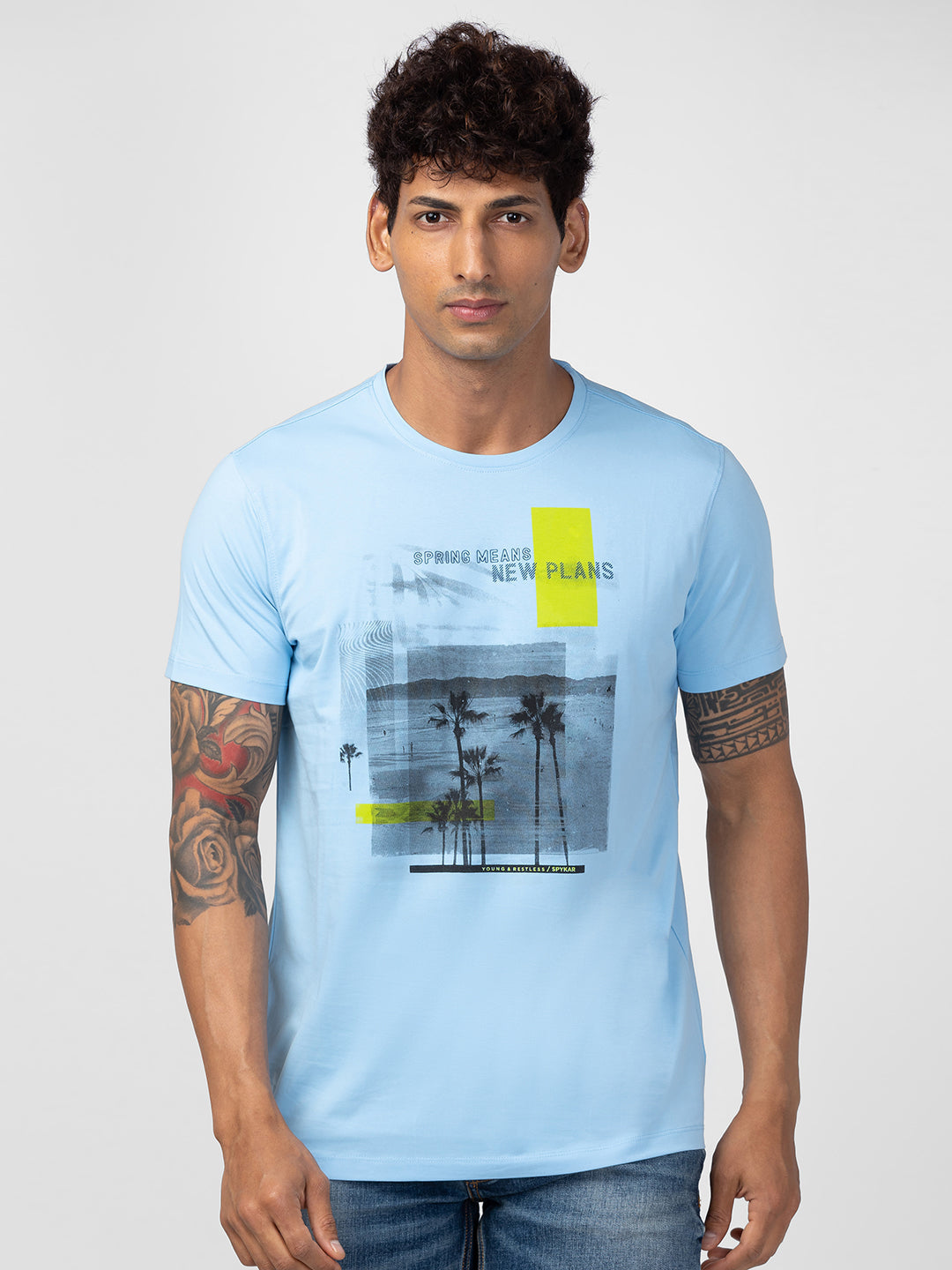 Spykar Men Powder Blue Cotton Regular Fit Half Sleeve Printed T-Shirt