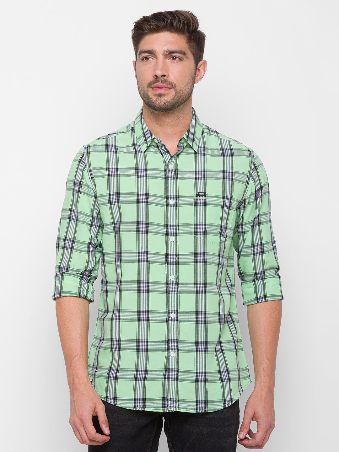 Spykar Green Cotton Slim Fit Shirts For Men