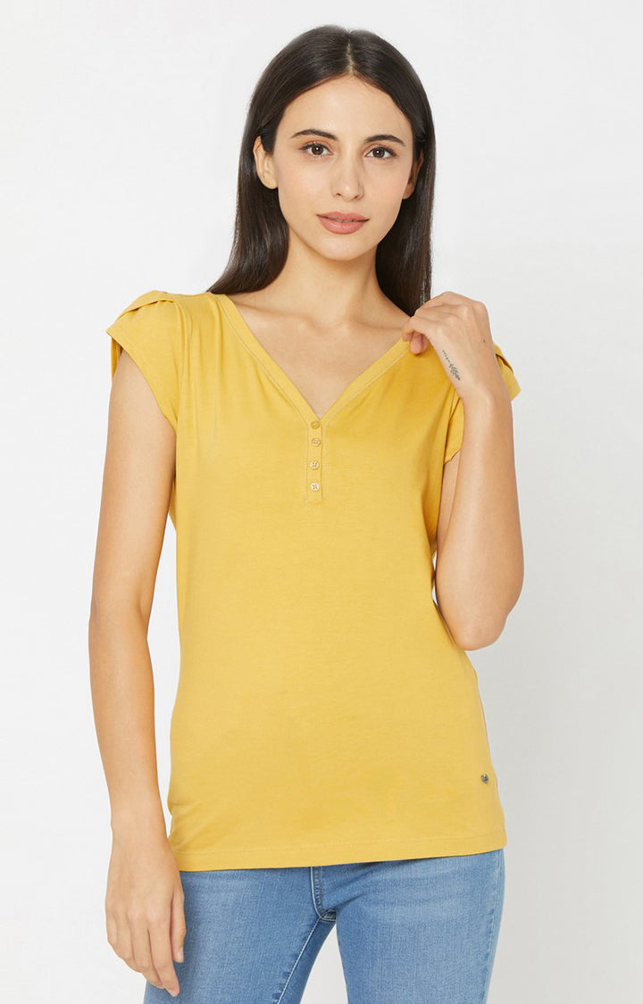 Spykar Women Yellow Cotton Regular Round Neck T-Shirts